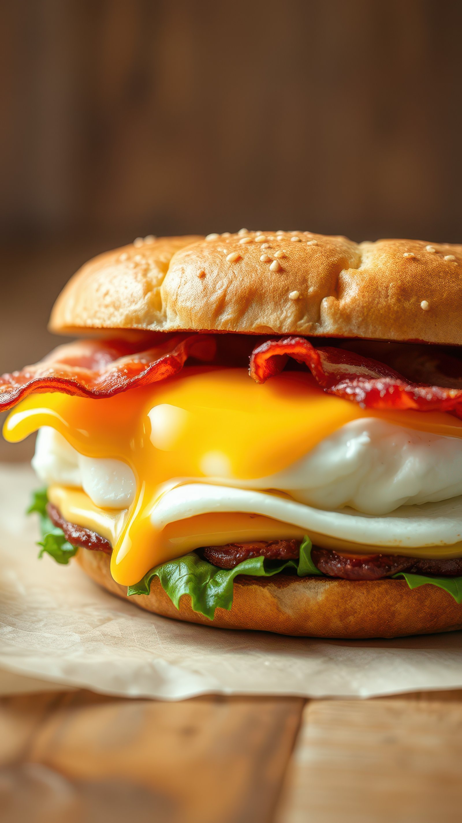 Delicious breakfast sandwich with crispy bacon, sunny-side up egg, and fresh lettuce on a soft bun